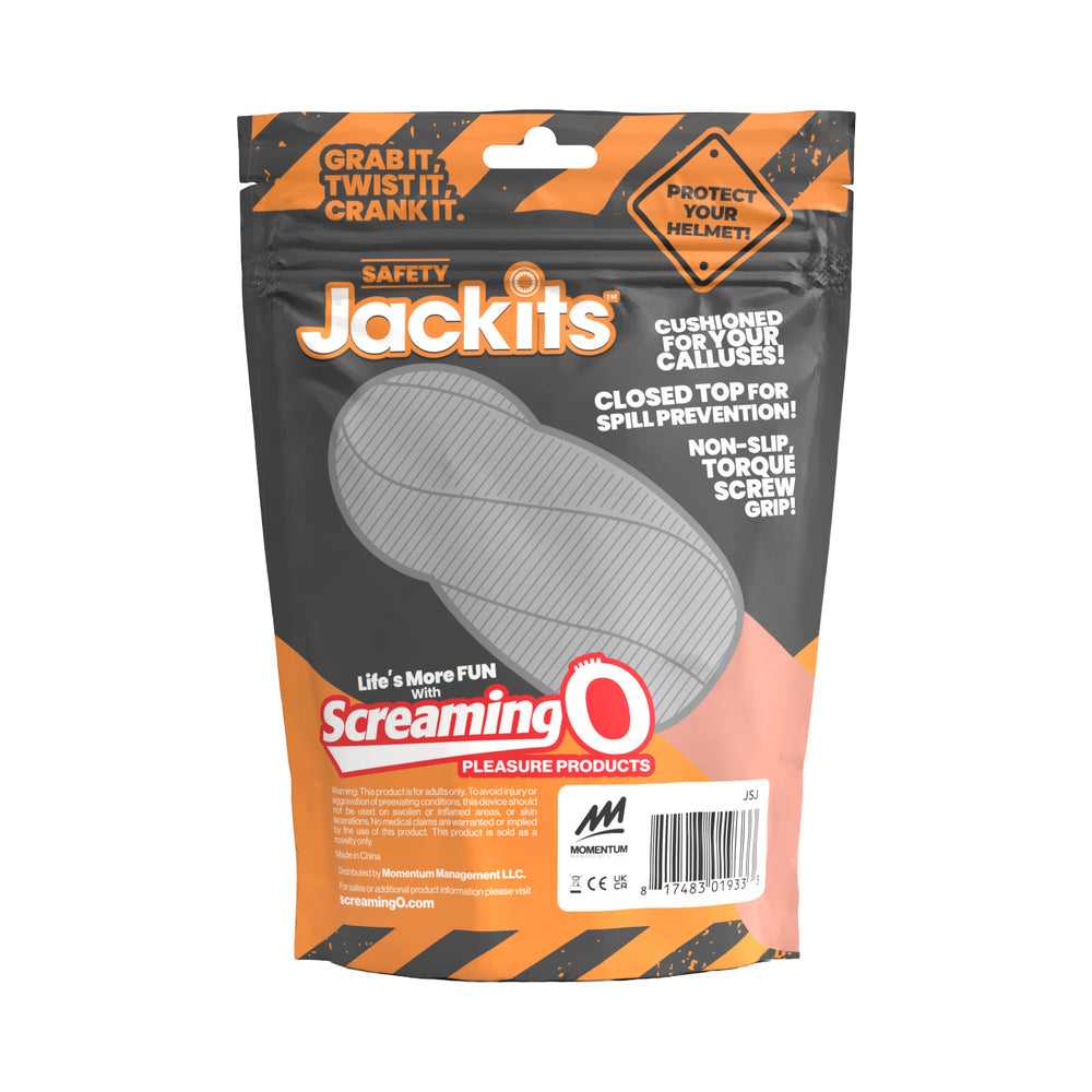 Screaming O Safety Jackits Masturbation Sleeve Grey packaging with playful branding and product details.