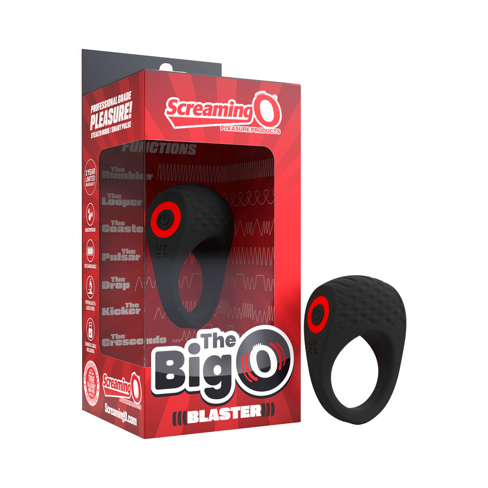Screaming O Big O Pro Blaster Vibrating Ring Black in packaging showcasing professional-grade pleasure features.