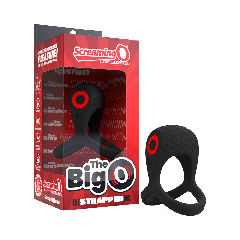 Screaming O Big O Pro Strapped Vibrating Cock Ring Black in packaging with professional-grade pleasure features