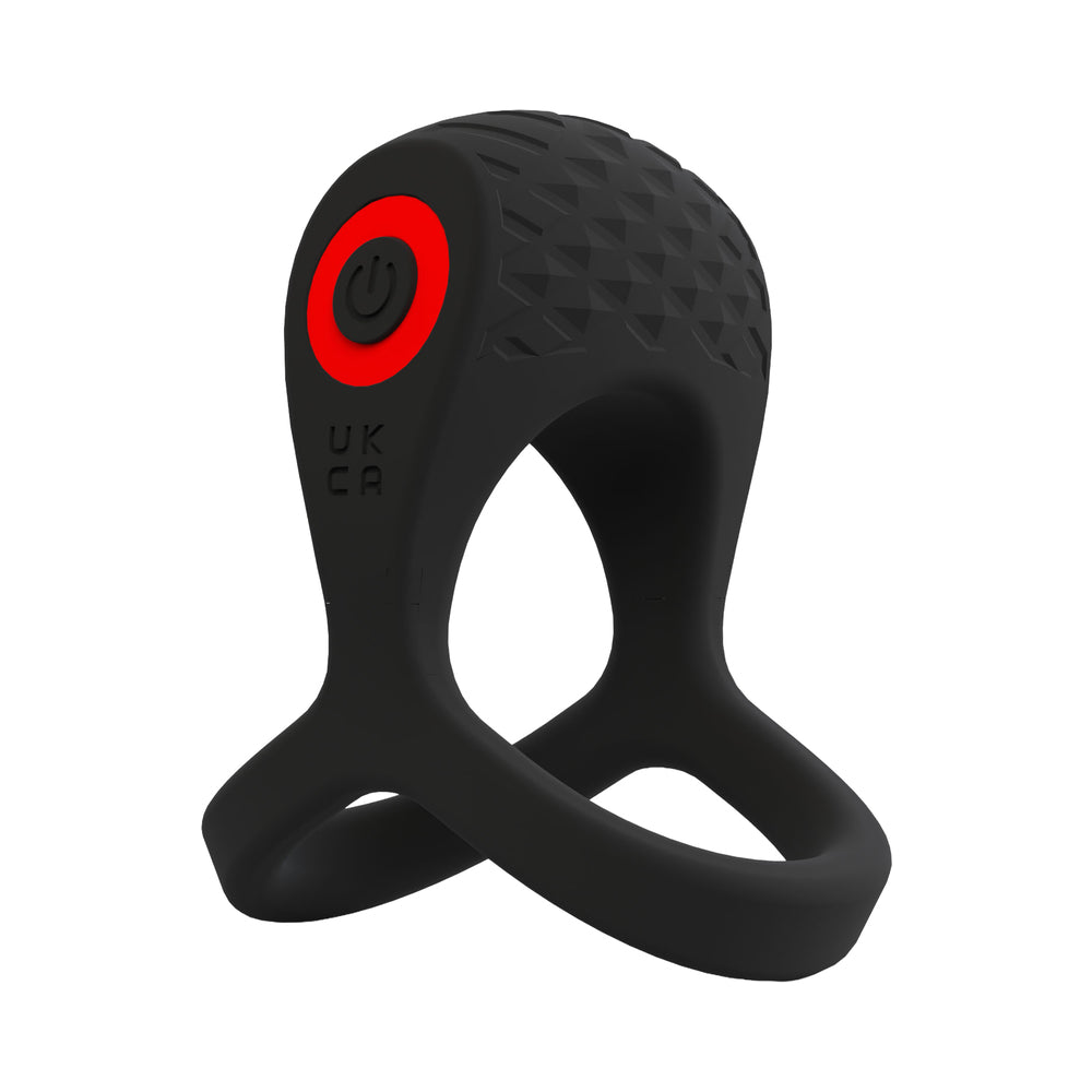 Screaming O Big O Pro Strapped Vibrating Cock Ring Black, silicone vibrating cock ring design with power button.