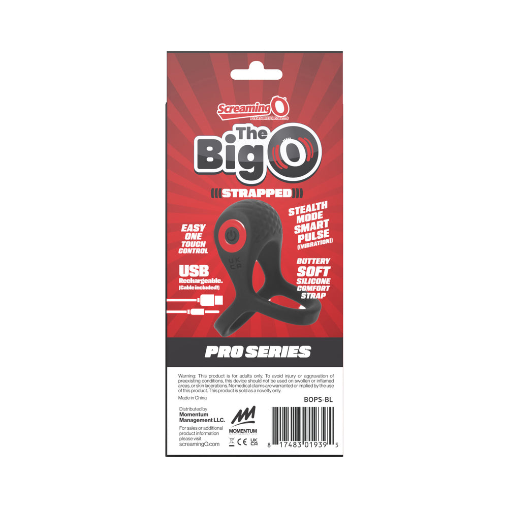 Screaming O Big O Pro Strapped Vibrating Cock Ring Black packaging with product features and branding.
