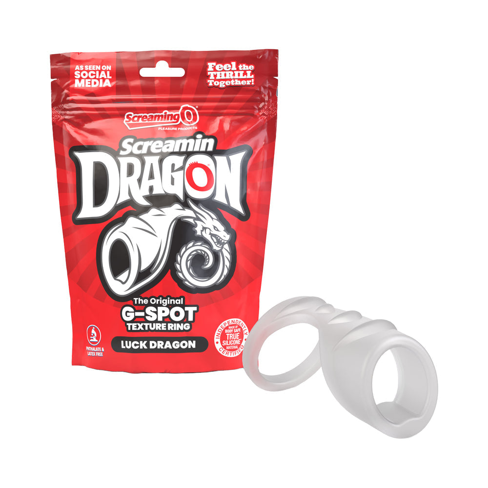 Screamin' Dragon Luck Dragon G-spot Texture Ring Clear packaging and product, showcasing deep G-spot stimulation and premium silicone.