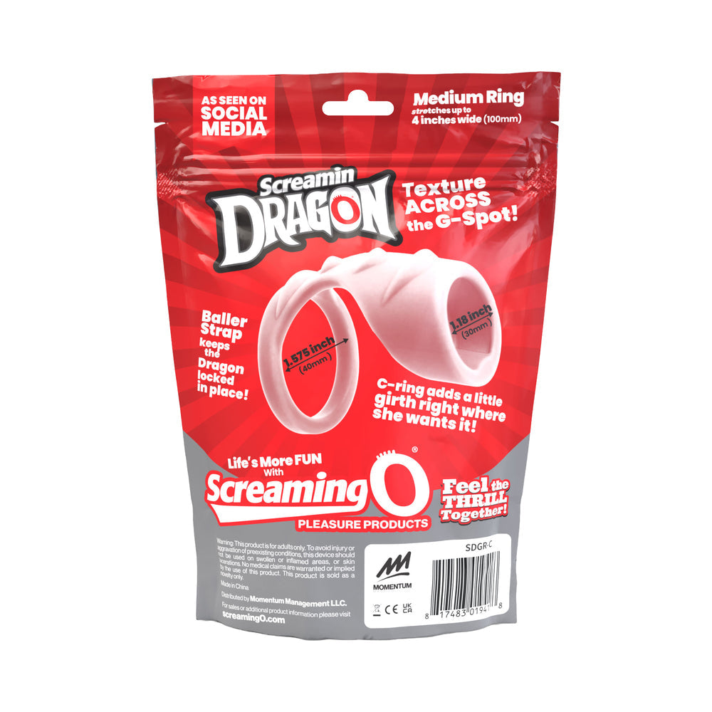 Screamin' Dragon Luck Dragon G-spot Texture Ring Clear packaging showcasing features and benefits for enhanced intimacy.
