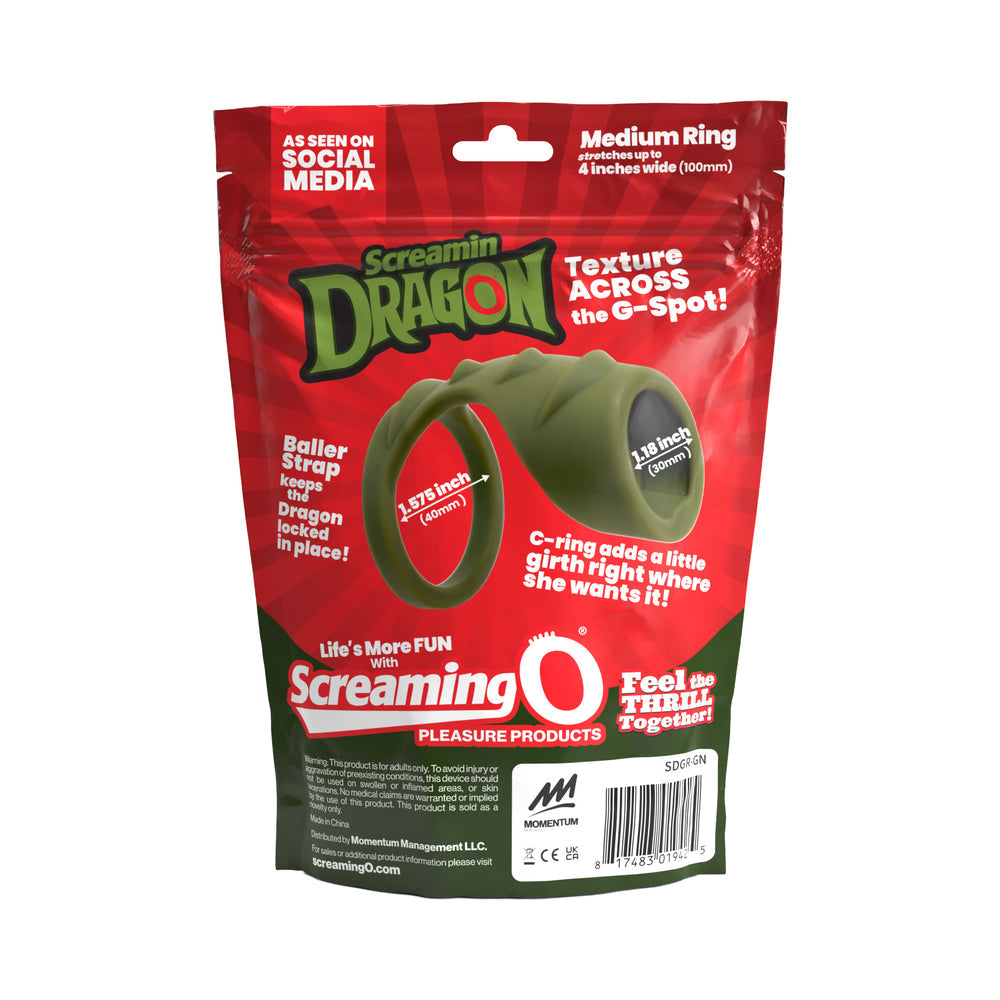 Screamin' Dragon Forest Dragon G-spot Texture Ring Green packaging showcasing texture and design features.