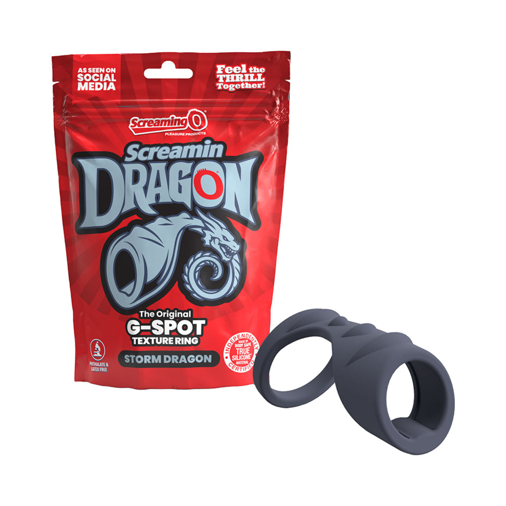 Screamin' Dragon Storm Dragon G-spot Texture Ring Blue packaging and product displayed together.