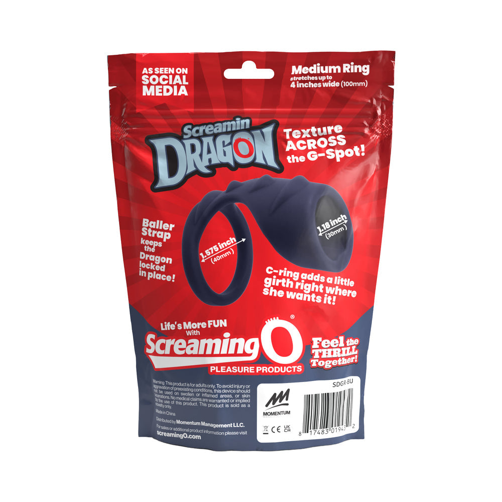 Screamin' Dragon Storm Dragon G-spot Texture Ring Blue packaging showcasing its features and design.