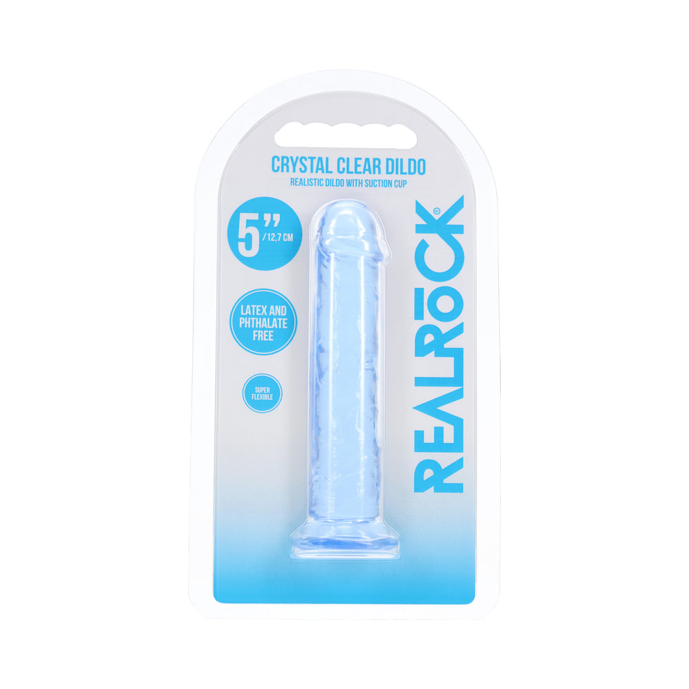 Realrock Realistic Dildo 5 Inch Blue in packaging, featuring a clear design with suction cup, latex and phthalate free.