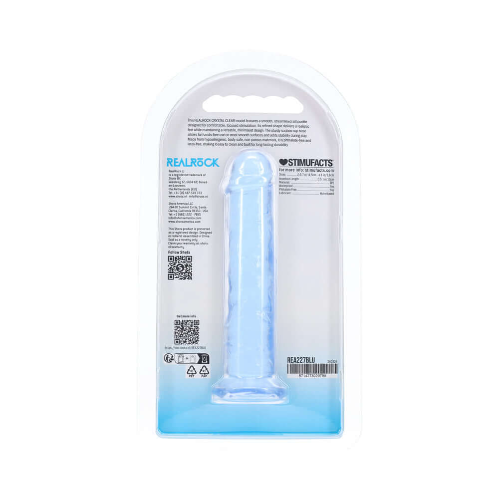 Realrock Realistic Dildo 5 Inch Blue in packaging displaying its smooth and realistic design.
