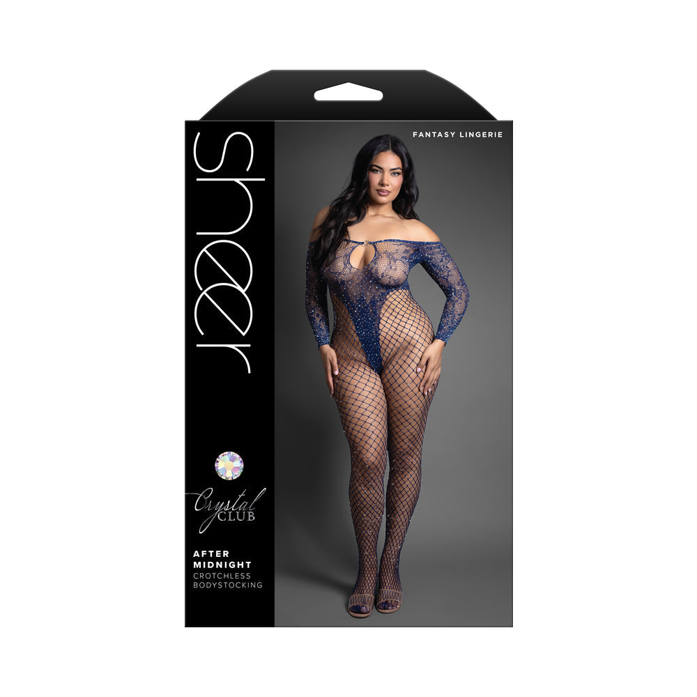 Fantasy Lingerie After Midnight Bodystocking Queen Size Navy displayed on model with off-the-shoulder neckline in navy blue.