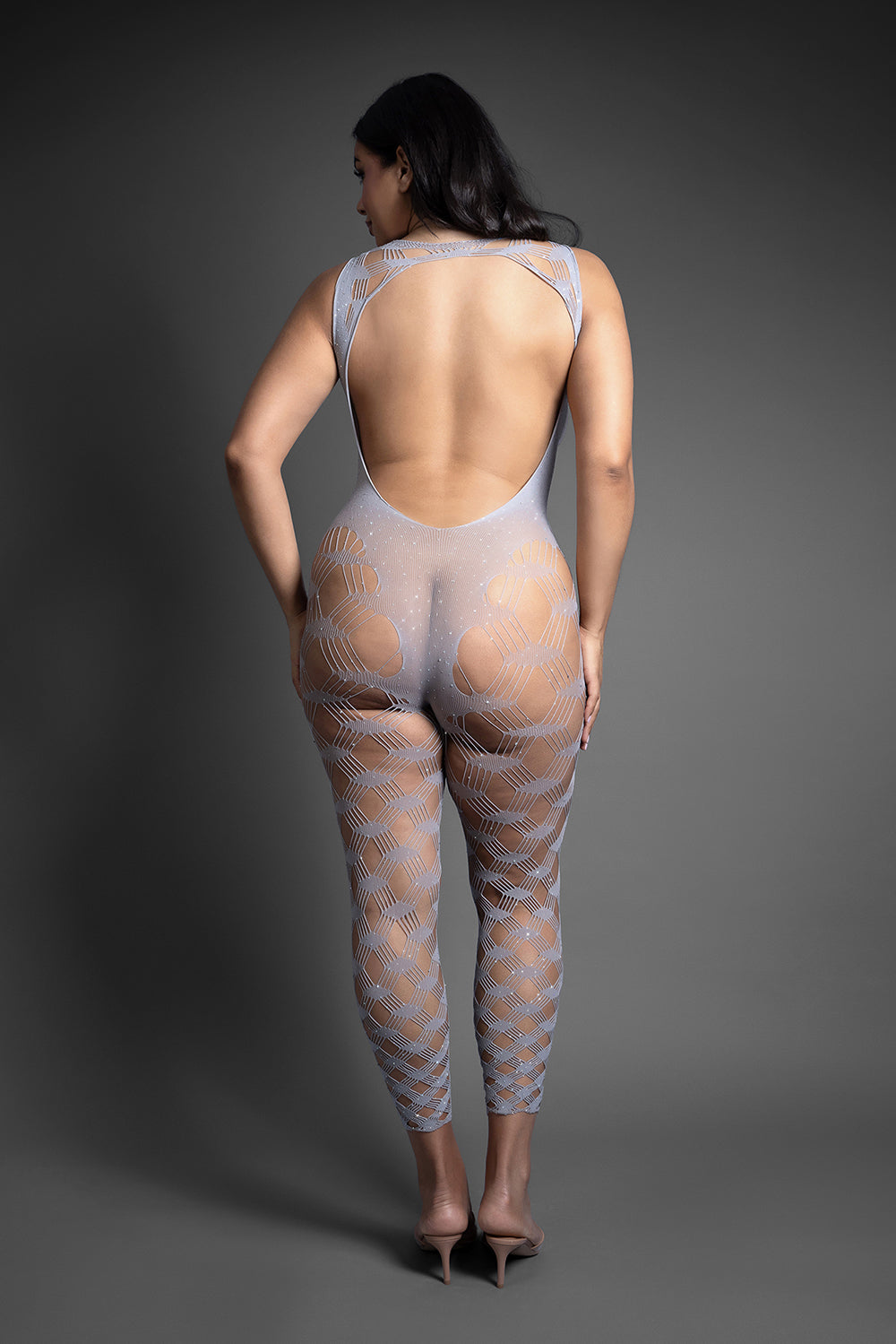 Fantasy Lingerie Sheer Crystal Club Bodystocking Queen Size showcasing a back view with rhinestone details and a sleek design.
