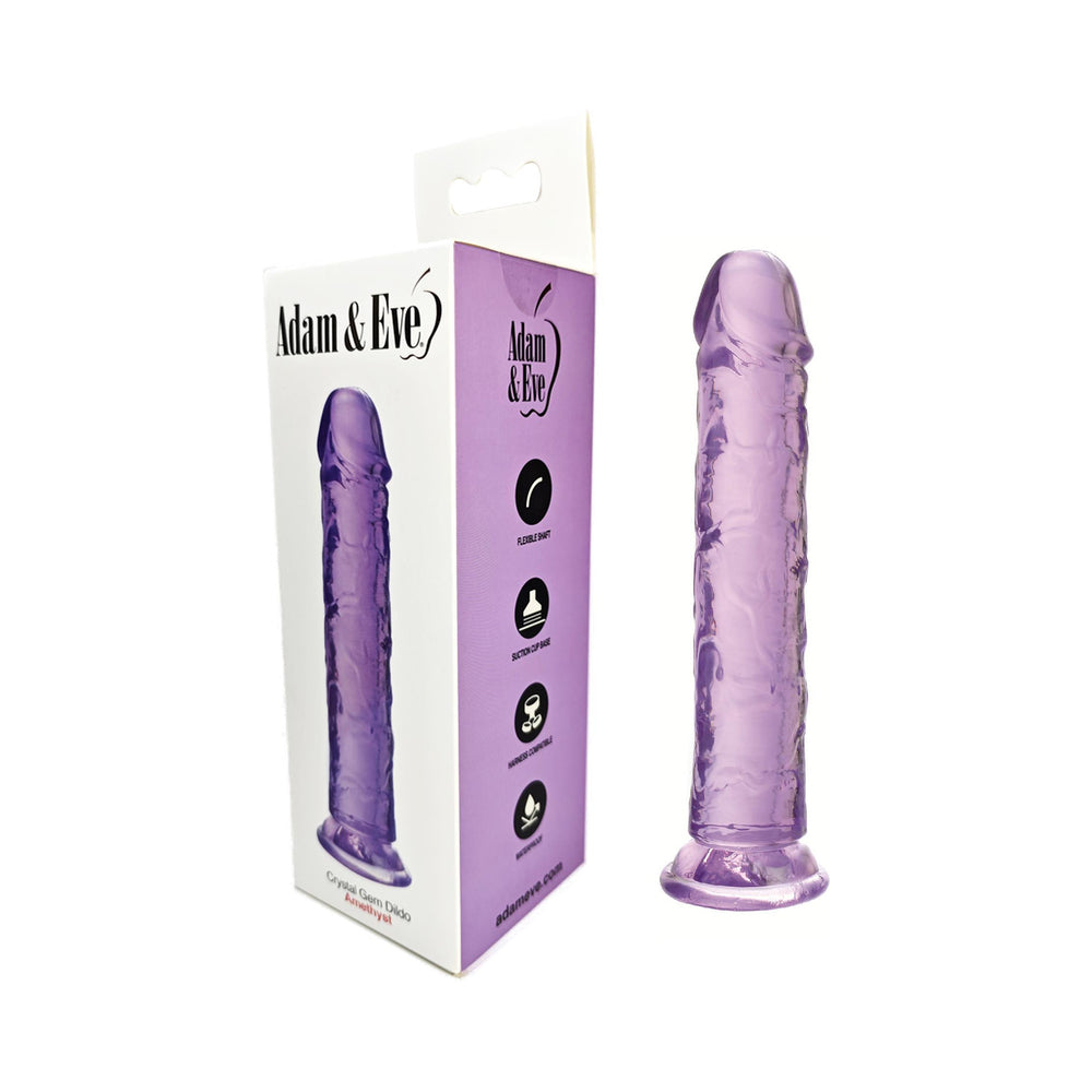 Adam & Eve Crystal Gem 7 Inch Dildo Amethyst in packaging showcasing its sleek design and rich color.