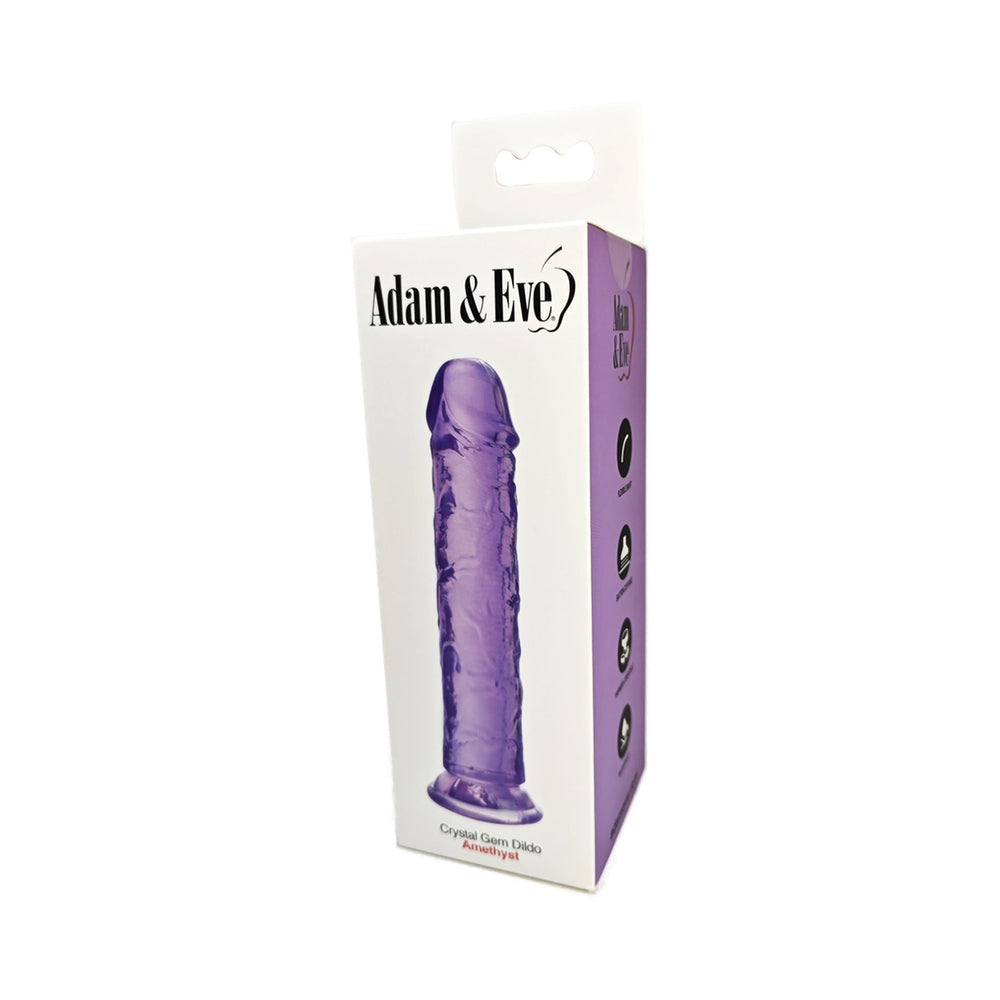 Adam & Eve Crystal Gem 7 Inch Dildo Amethyst in packaging with jewel-tone amethyst color.
