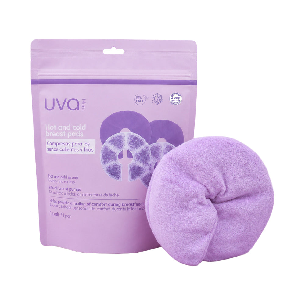 Uva Hot & Cold Breast Compresses in purple packaging with gel therapy pads for breastfeeding relief.