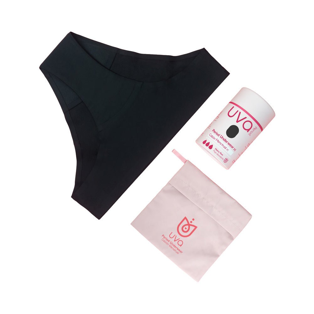 UVA Moderate Flow Period Panties XS with storage pouch and packaging for leak protection and comfort.