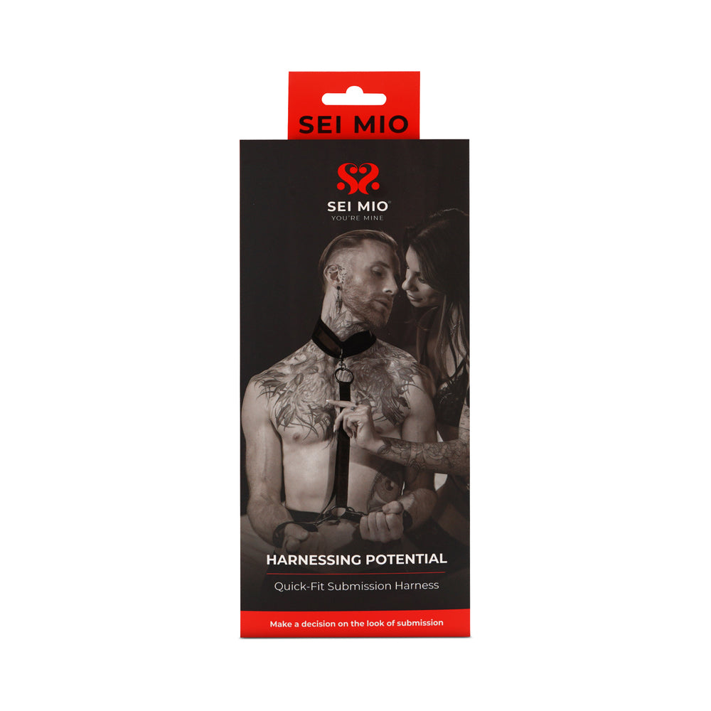 Sei Mio Harnessing Potential Body Harness With Cuffs packaging featuring a couple engaging in restraint play.