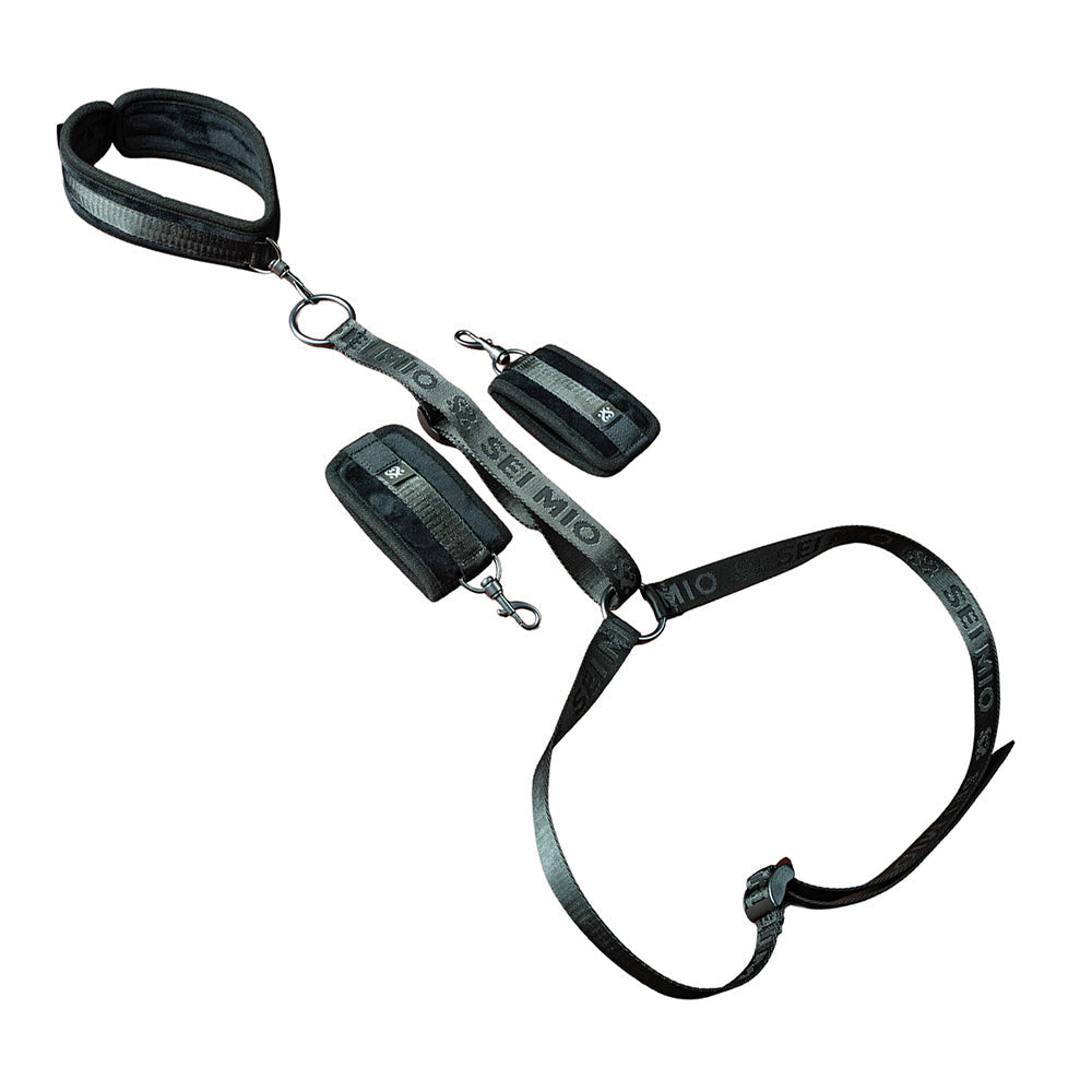 Sei Mio Harnessing Potential Body Harness With Cuffs in black, featuring cuffs and adjustable straps for restraint play.