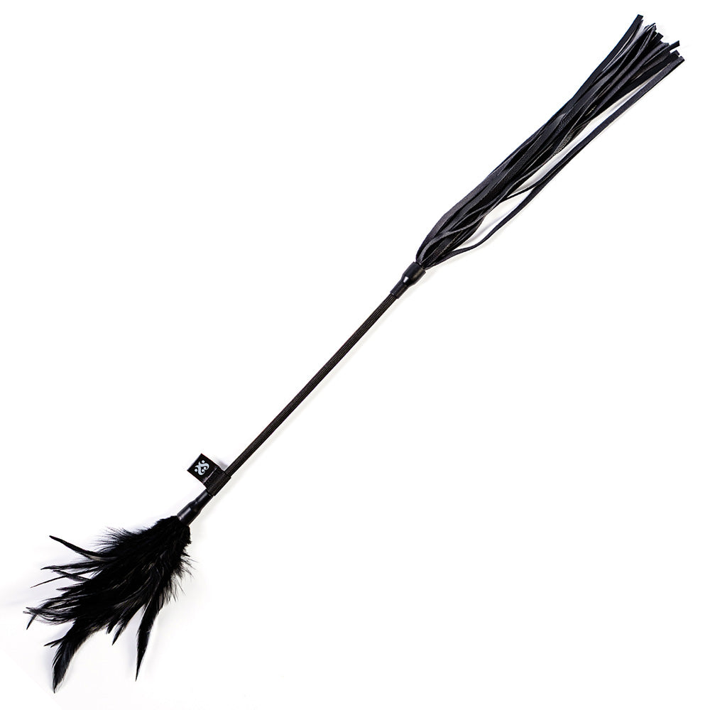 Sei Mio Double Standards Whip and Tickler with soft tassels and feathered end for versatile sensation play.
