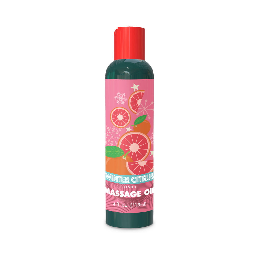 Little Genie Holiday Massage Oil Winter Citrus 4 Oz bottle with colorful citrus design for invigorating winter massage.