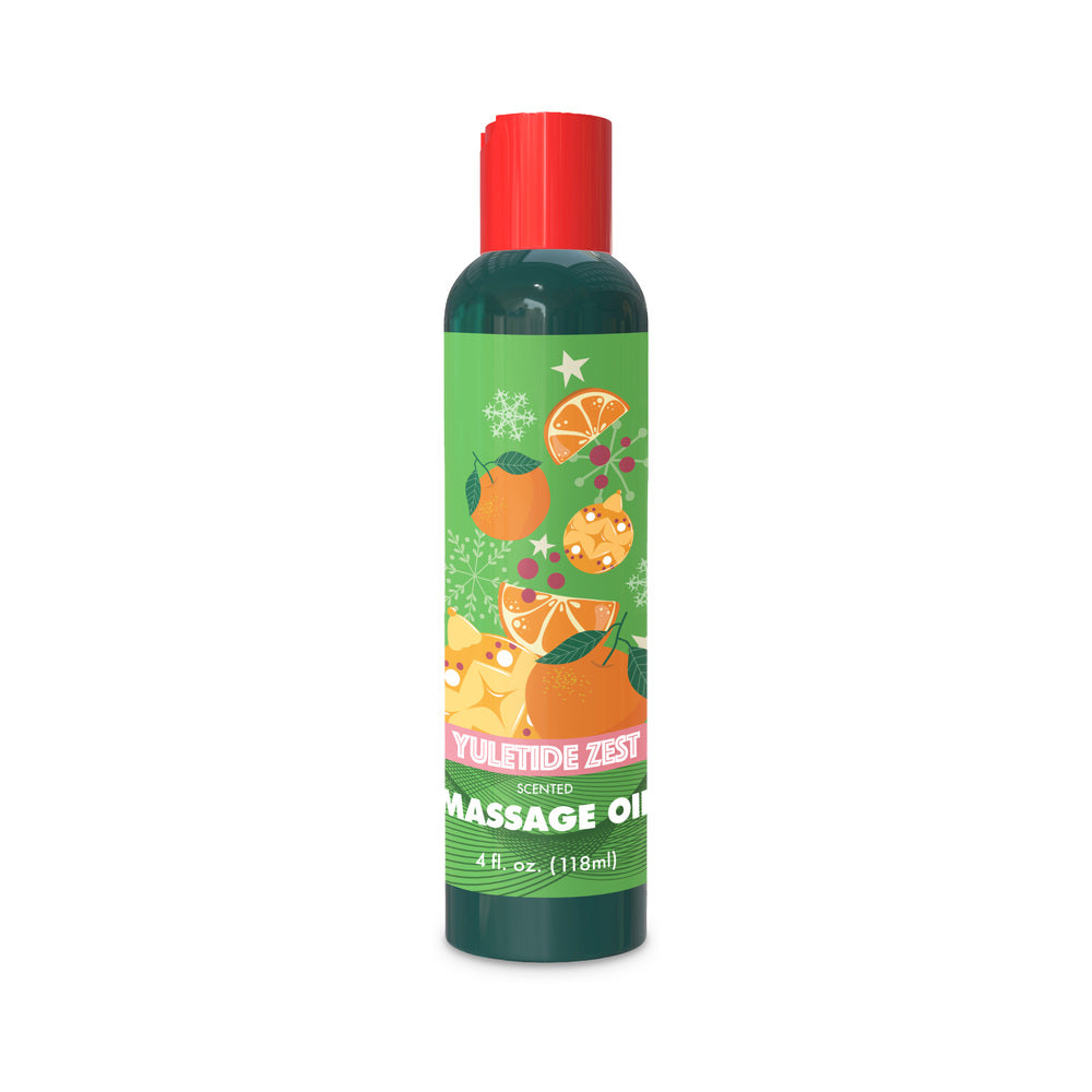 Little Genie Holiday Massage Oil Yuletide Zest 4 Oz bottle featuring festive citrus design.