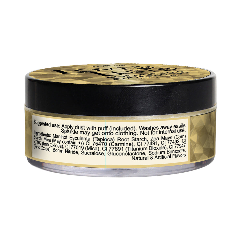 Sensuva Love & Luster Kissable Diamond Dust 2 Oz Jar Gold with ingredients and suggested use on the label.
