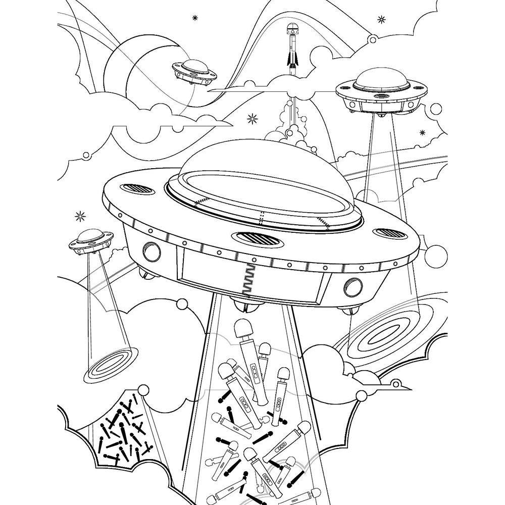 A coloring page featuring UFOs, beams of light, and whimsical scenes from Celebrating An Icon The Magic Wand Coloring Book.