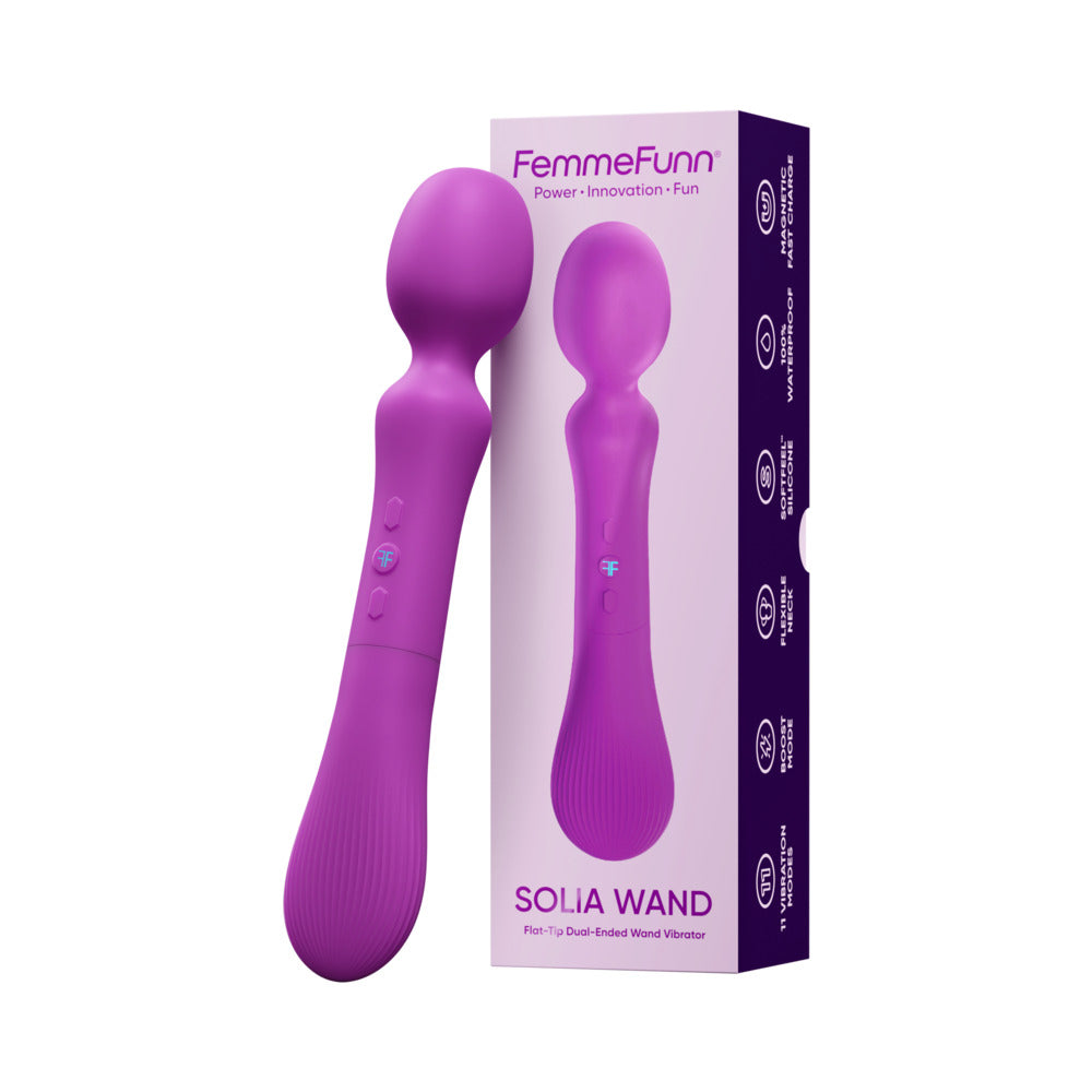 FemmeFunn Solia Wand Massager Purple next to its stylish packaging, showcasing a modern design and rich purple finish.