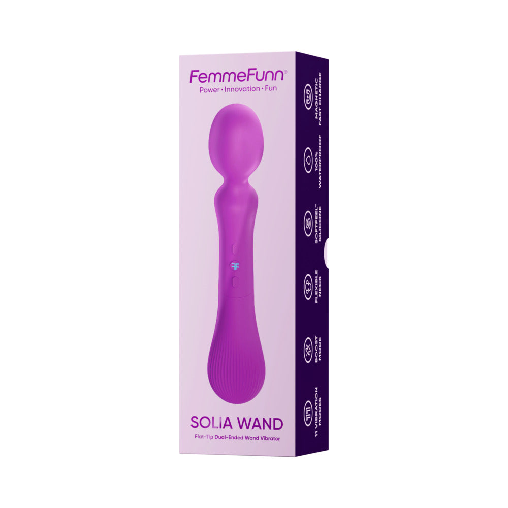 FemmeFunn Solia Wand Massager Purple in packaging, featuring a sleek design and rich purple finish.