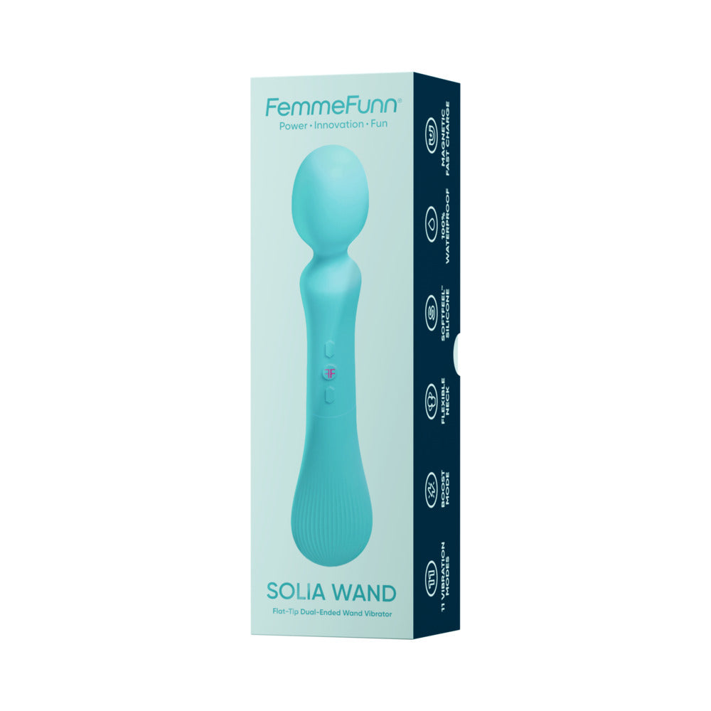 FemmeFunn Solia Wand Massager Turquoise in packaging with rounded head for personal wellness and relaxation.