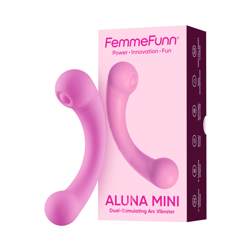 FemmeFunn Aluna Mini Vibrator Pink packaging and product design, showcasing its compact and playful features.