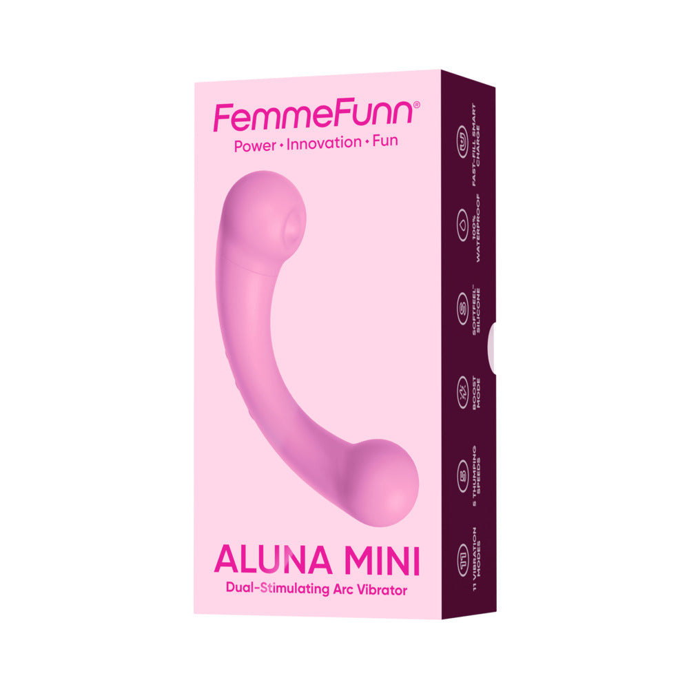 FemmeFunn Aluna Mini Vibrator Pink packaging with a compact design and dual-stimulation features.