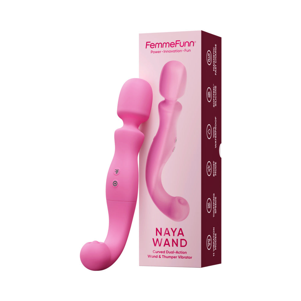 FemmeFunn Naya Wand Massager Pink in packaging, showcasing its stylish design and features for personal wellness.