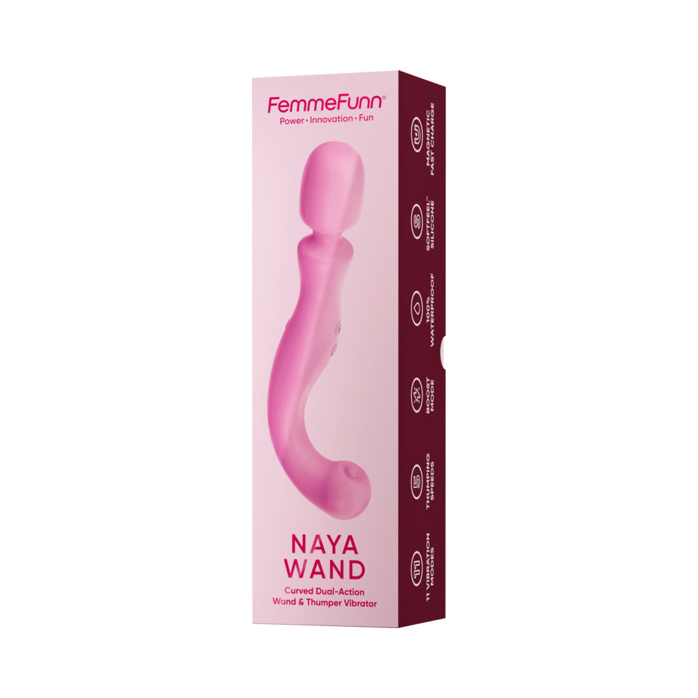 FemmeFunn Naya Wand Massager Pink packaging showcasing a stylish and modern wand massager for personal wellness.