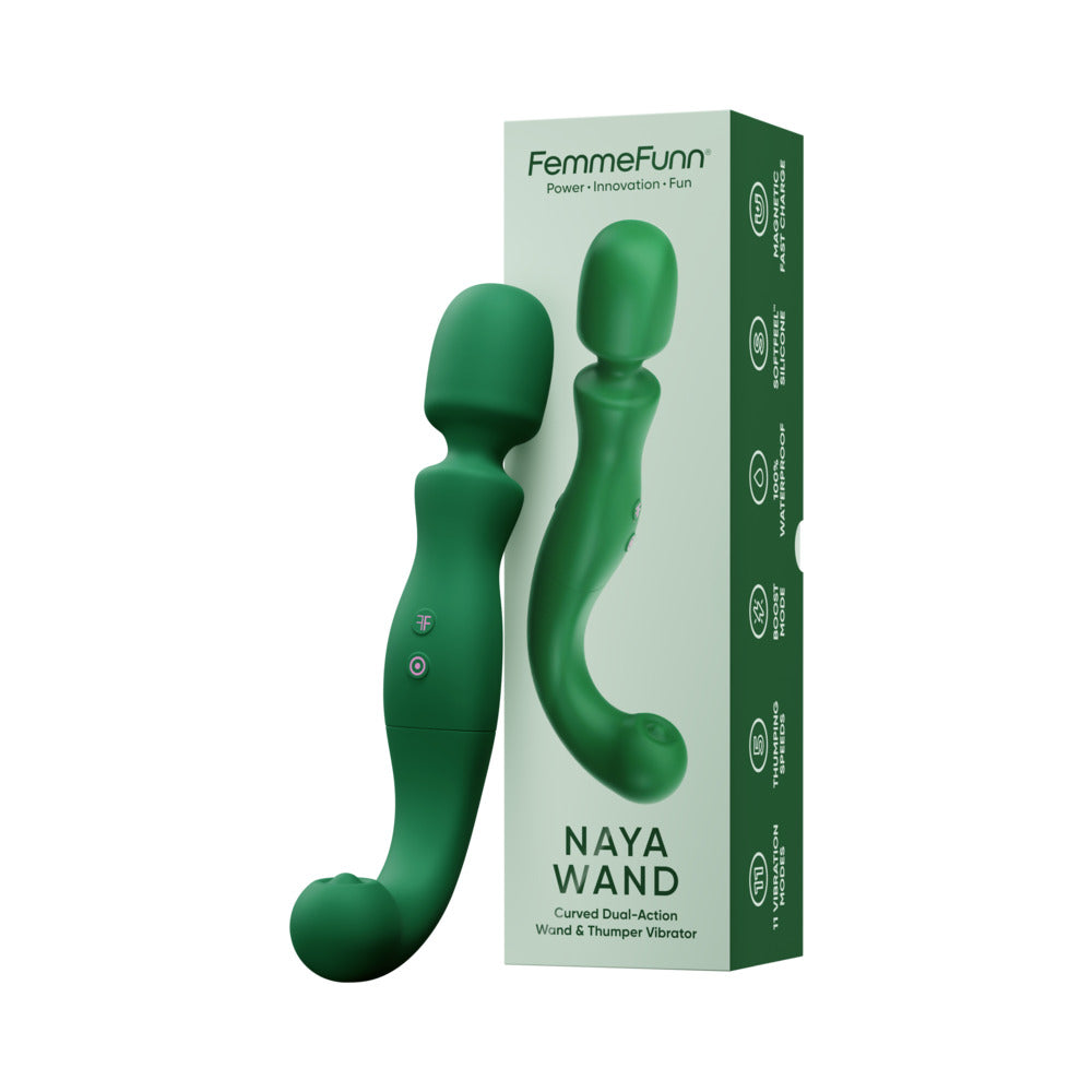 FemmeFunn Naya Wand Massager Dark Green next to its packaging, showcasing its elegant design and dual-action features.