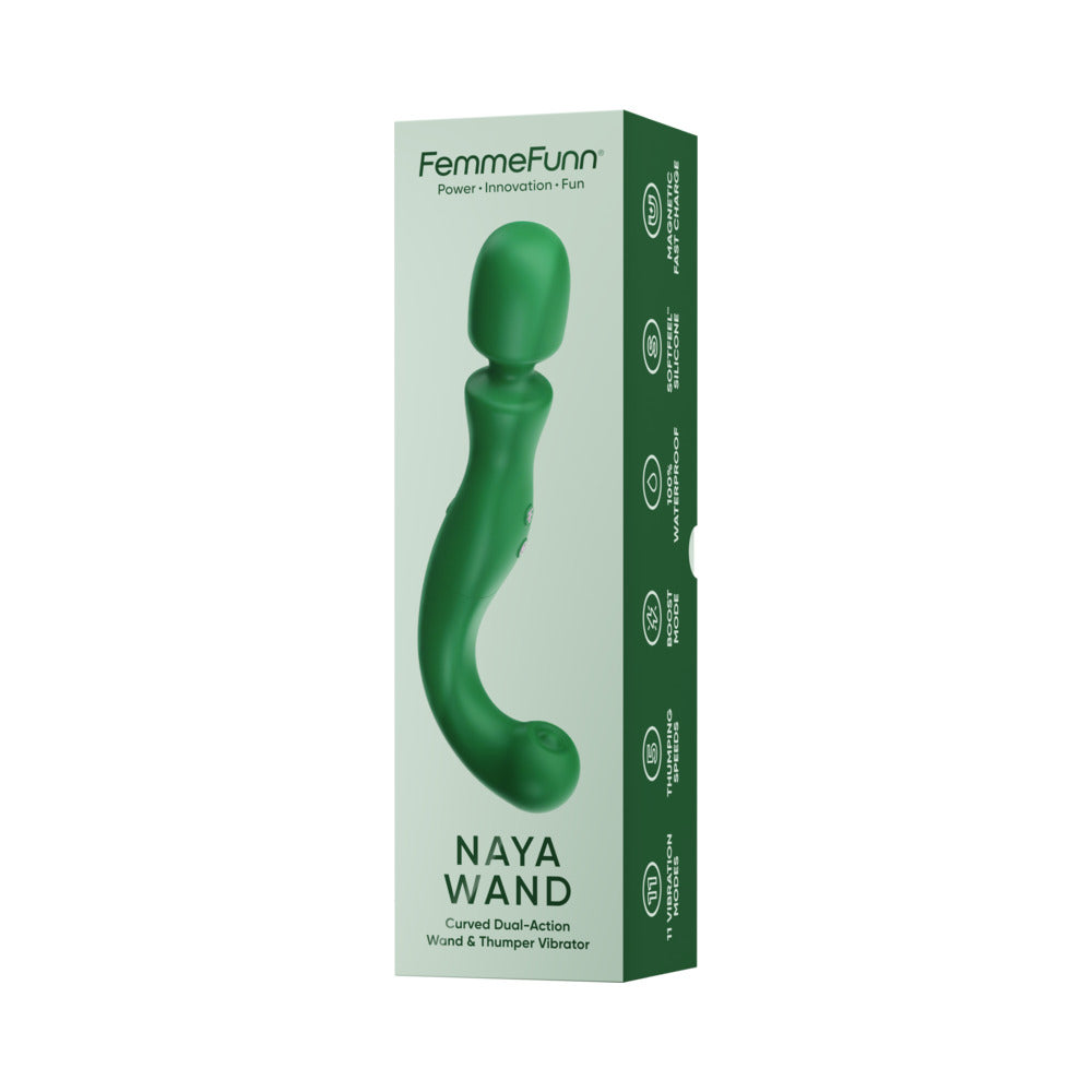 FemmeFunn Naya Wand Massager Dark Green in packaging showing its curved design for modern personal wellness.