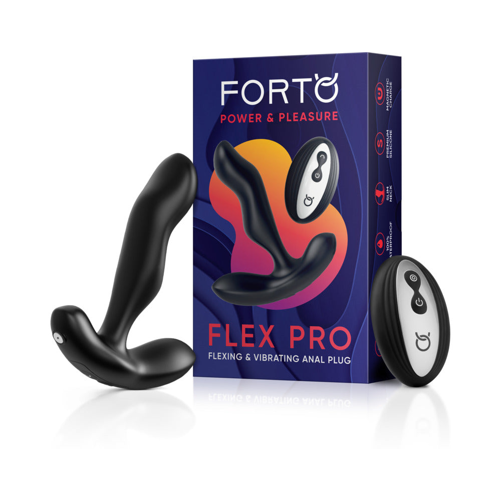 Forto Flex Pro Anal Sex Toy Black alongside its packaging, showcasing sleek design and functionality for anal play.