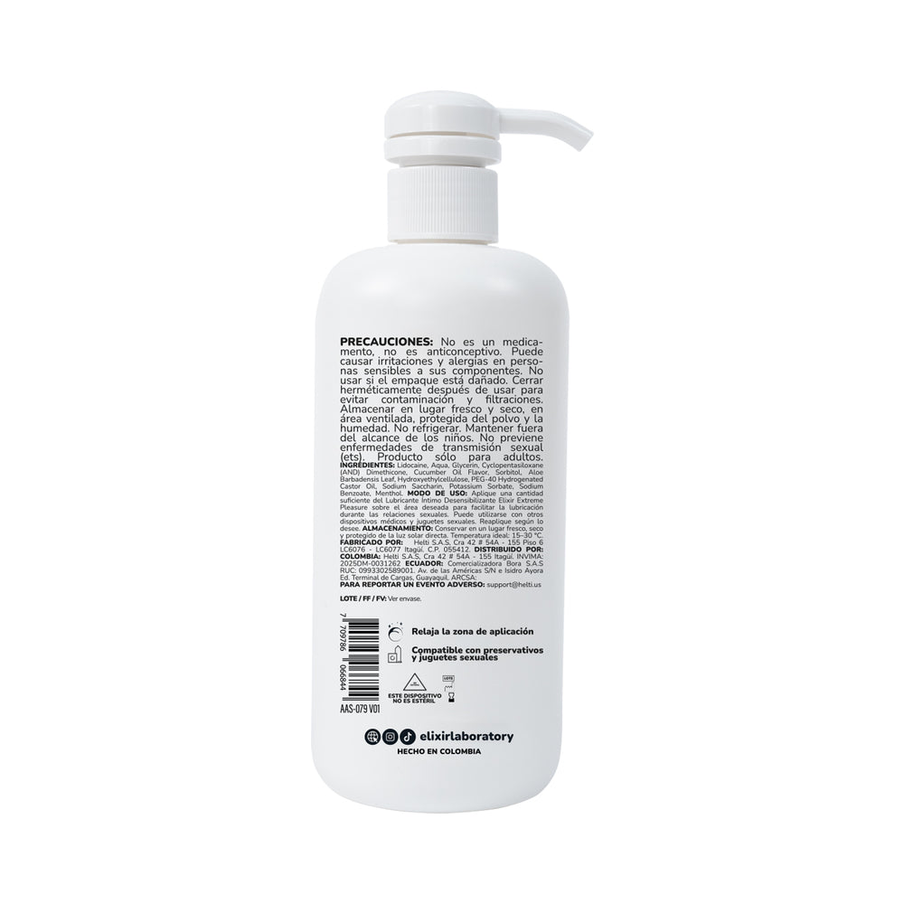 Elixir Anesty Anal Desensitizing Lubricant 500ml product bottle with usage instructions and precautions.