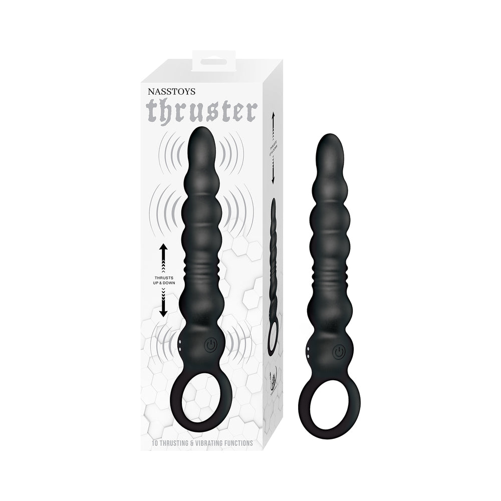 Nasstoys Thruster Silicone Thrusting Vibrator Black packaging and product display for enhanced pleasure.