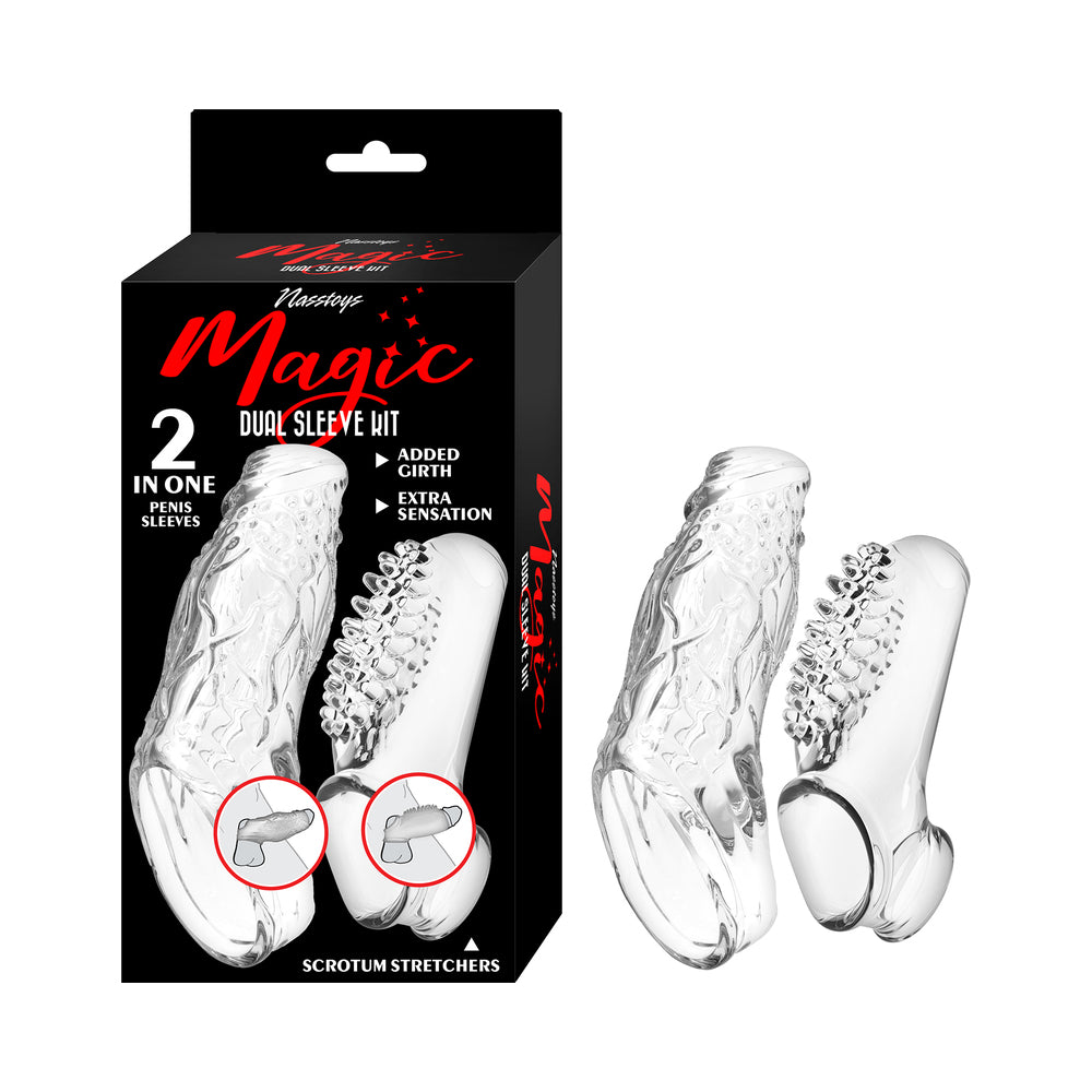 Nasstoys Magic Dual Penis Sleeve Kit Clear packaging with two textured sleeves for enhanced sensation.