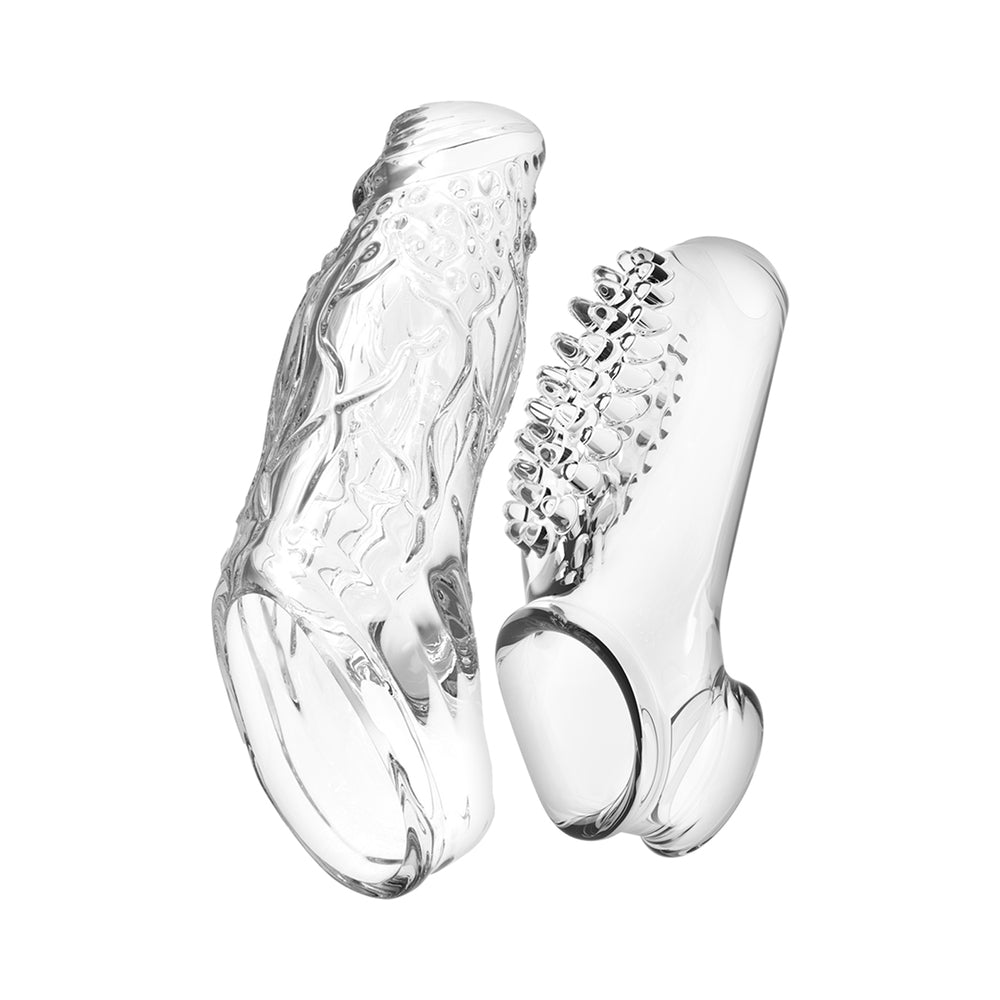 Nasstoys Magic Dual Penis Sleeve Kit Clear showcasing two textured sleeves for enhanced sensation.