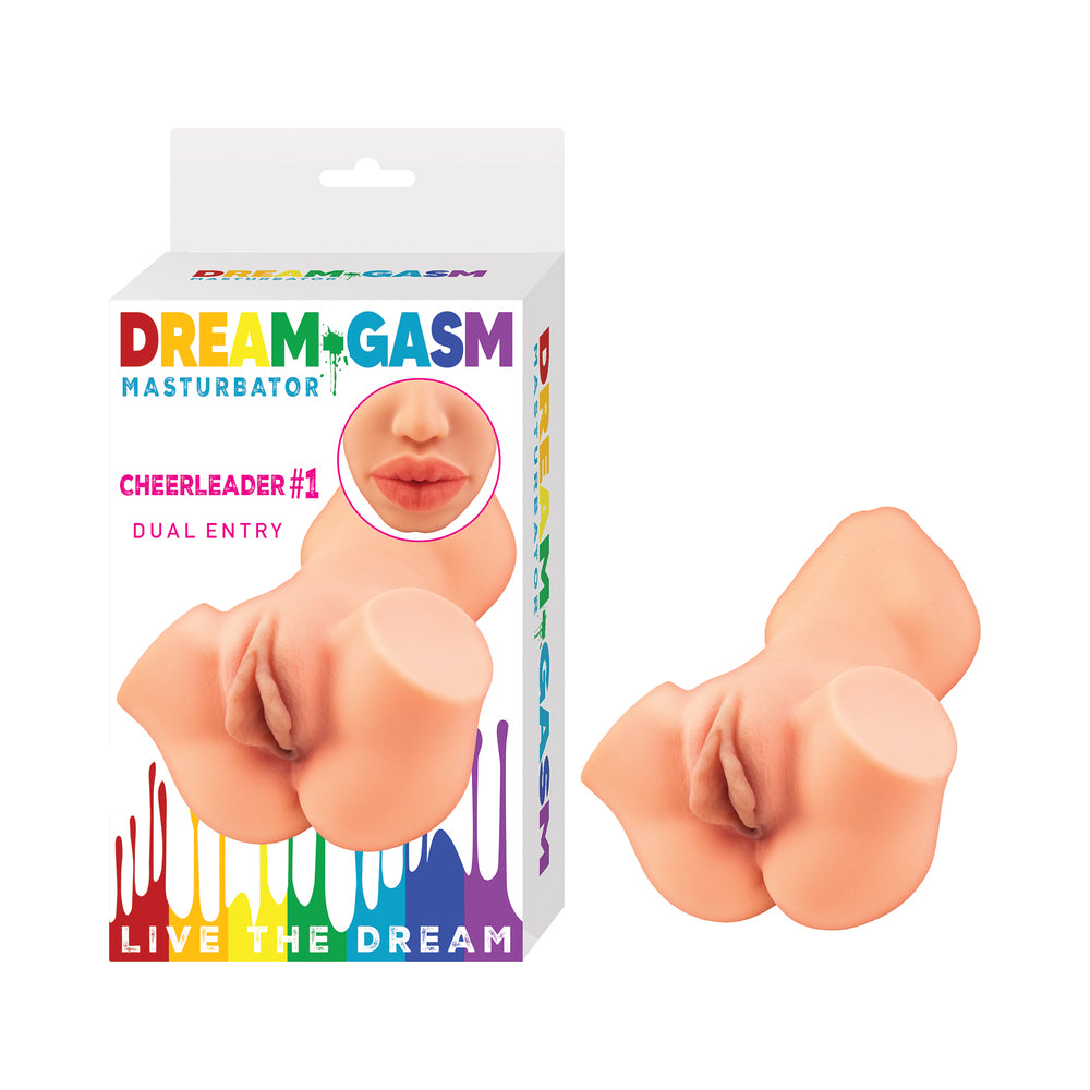 Nasstoys Dream-gasm Masturbator Cheerleader 1 Beige dual entry stroker with packaging, showcasing realistic openings.