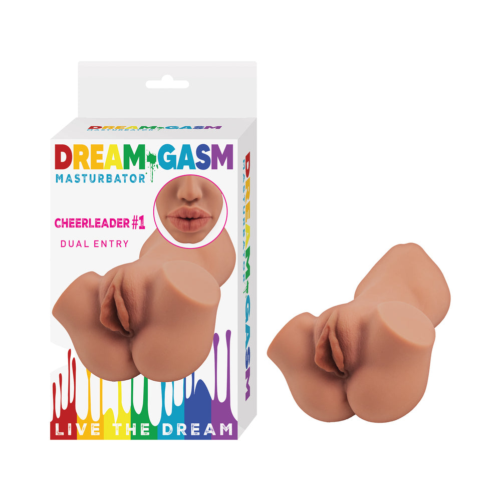 Dream-gasm Masturbator Cheerleader 1 Brown dual-entry device with lifelike openings and textured interiors.