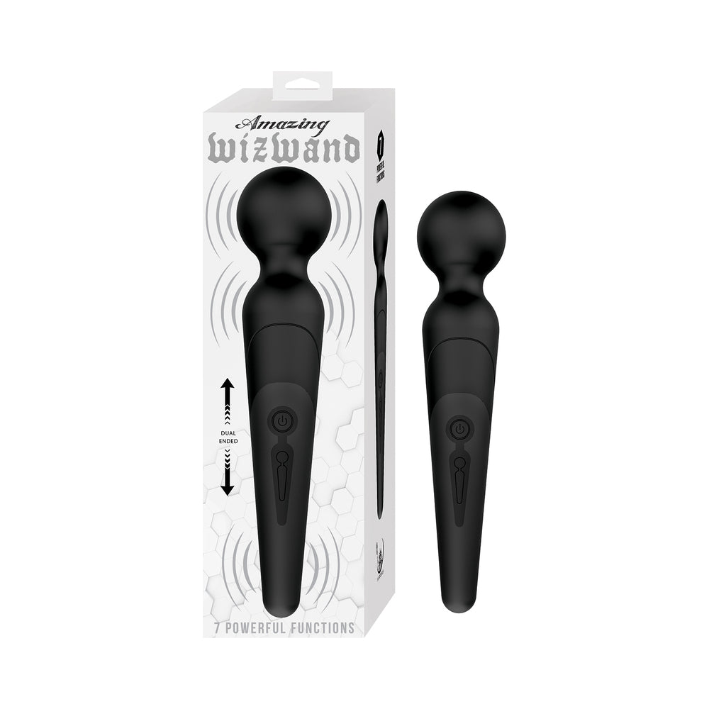 Amazing Wizwand Rechargeable Wand Massager Black in sleek design with 7 powerful functions and quiet performance.