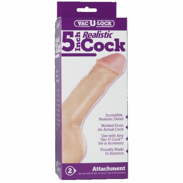 Doc Johnson Vac-U-Lock 5 Inch Realistic Dong White packaging showcasing realistic design and detail.