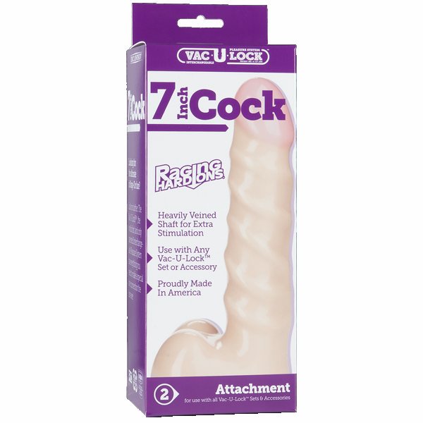 Vac-U-Lock 7 Inch Raging Hard On Realistic Cock White product packaging featuring heavily veined shaft for stimulation.