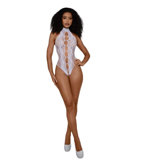 Dreamgirl Peek A Boo Madame Teddy White OS, showcasing playful peek-a-boo cutouts and a flattering fit.