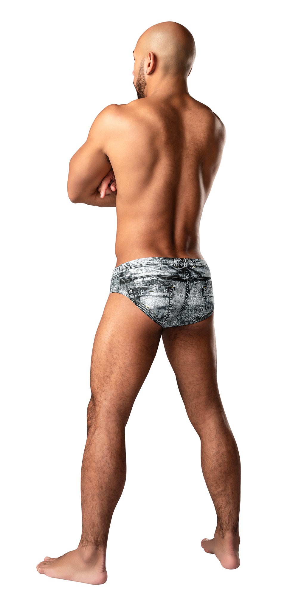 Man showing off Male Power Dirty Denim Bikini Brief Medium Denim from the back, highlighting the denim print on soft cotton.