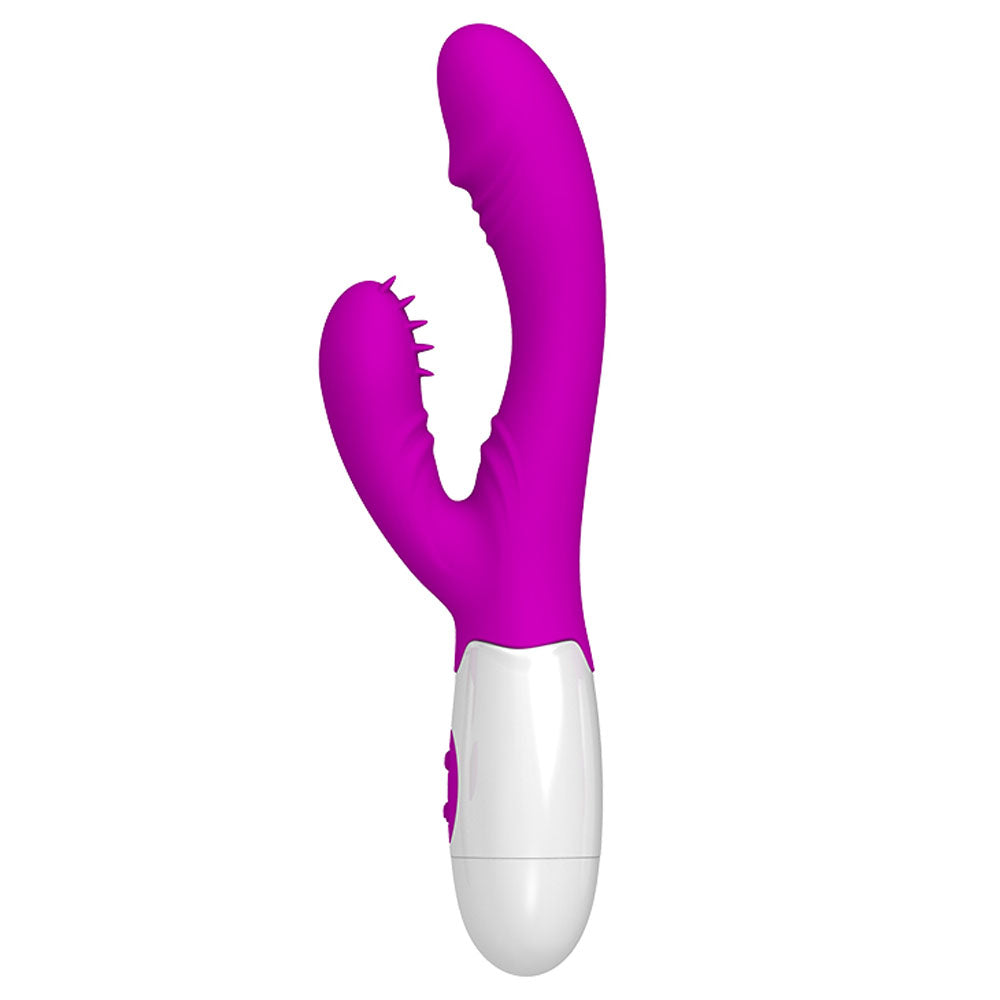 Pretty Love Andre 7 Function Rabbit Vibrator Purple with a curved shaft and clitoral stimulator for dual pleasure.
