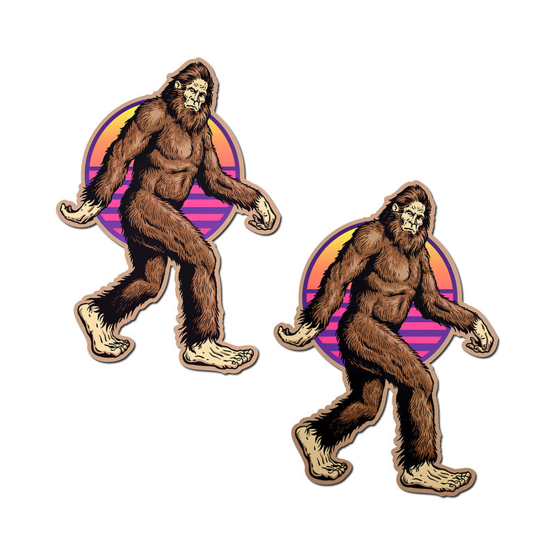 Pastease Sasquatch Bigfoot Pasties featuring playful Bigfoot design against colorful retro background.