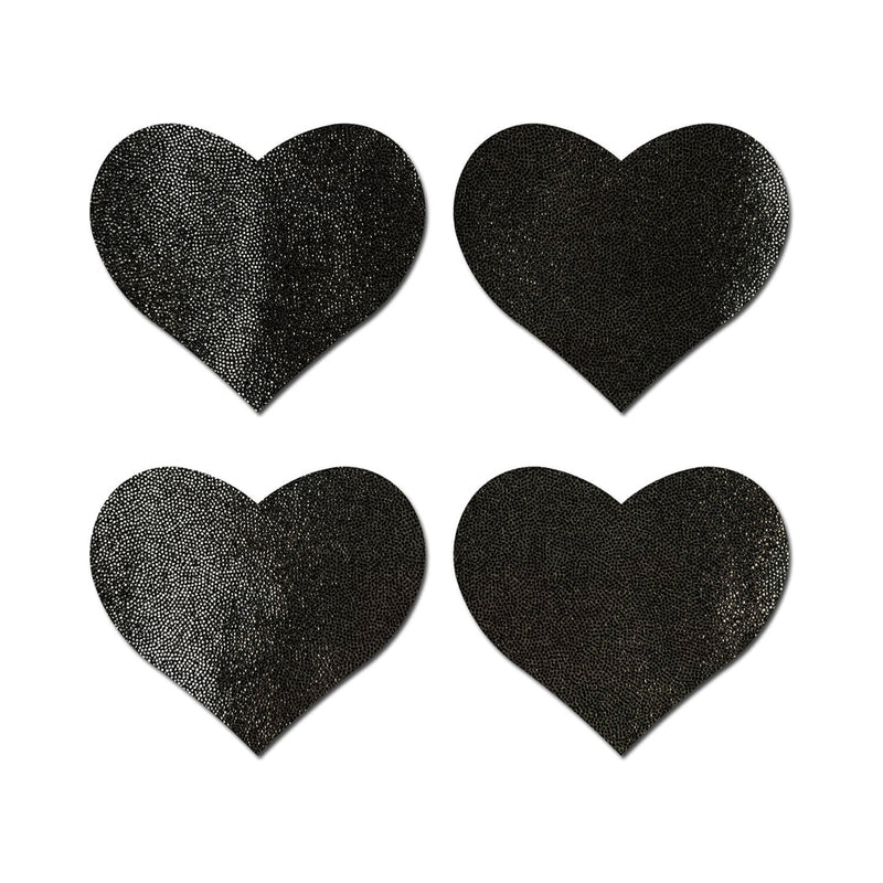 Pastease Petites Liquid Hearts Pasties Black 2-pack displayed in a set of four glossy heart-shaped pasties.