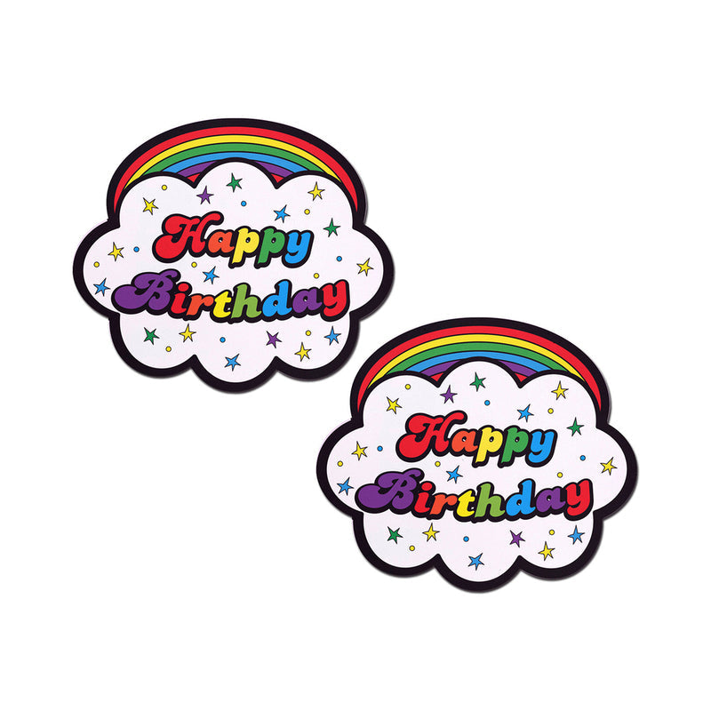 Pastease Happy Birthday Cloud Rainbow Pasties featuring colorful cloud design with Happy Birthday text and rainbow.